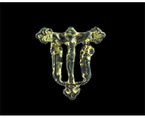 15th century AD.A gilt-bronze openwork mount depicting the crucifixion with cross moline, Corpus Christi and flanking figures