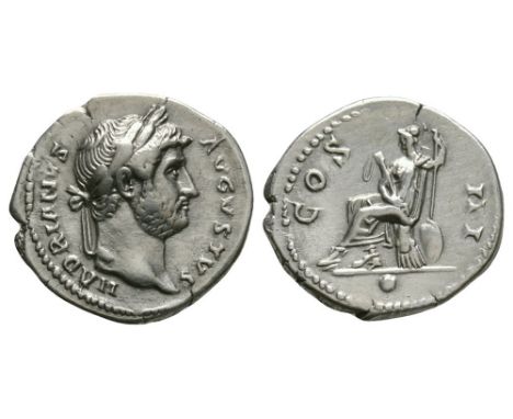 125-128 AD. Rome mint. Obv: HADRIANVS AVGVSTVS legend with laureate head right. Rev: COS III legend with Roma seated left on 