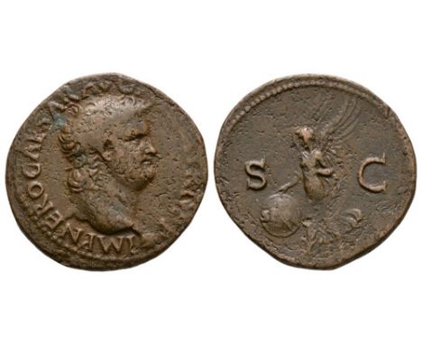 66 AD. Lyons mint. Obv: IMP NERO CAESAR AVG...P legend with bare head right with globe at point of bust. Rev: S-C across fiel