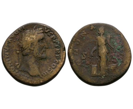 142 AD. Rome mint. Obv: ANTONINVS AVG PIVS P P TR P COS III legend with laureate head right. Rev: ANNONA AVG legend around wi
