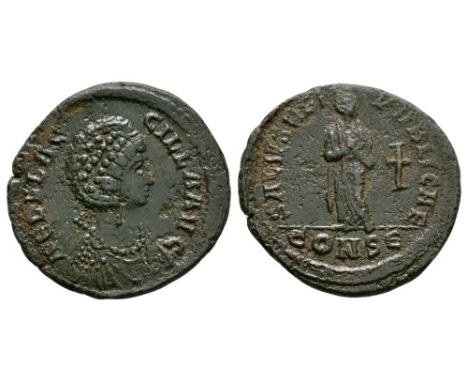 383-388 AD. Constantinople mint. Obv: AEL FLACCILLA AVG legend with pearl-diademed, draped bust right. Rev: SALVS REI-PVBLICA