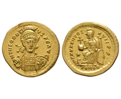 443-450 AD. Constantinople mint. Obv: D N THEODOSI-VS P F AVG legend with diademed, helmetted and cuirassed three-quarter fac