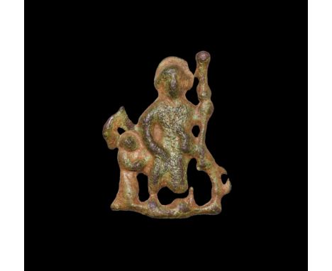 12th-14th century AD. A bronze pilgrim's badge with image of a standing nimbate Saint Christopher holding a staff, with small