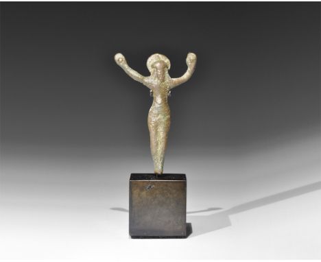 13th-15th century AD.   A bronze figurine of the crucified Christ with outstretched arms, nimbus to the rear of the head; mou