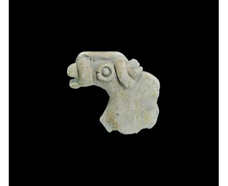 1st millennium BC.A head of a ceramic figurine depicting a horse with applied bridle elements, ring-and-pellet eyes, pinched 