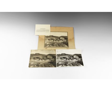 Circa 1930.   A mixed group comprising: monochrome photograph on card backing of two models in a naturalistic setting, pencil