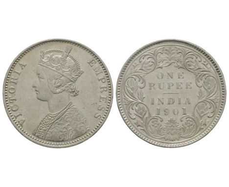 Dated 1901 AD. Bust C/reverse III, Bombay mint. Obv: profile bust with VICTORIA QUEEN legend. Rev: with ONE / RUPEE / INDIA i