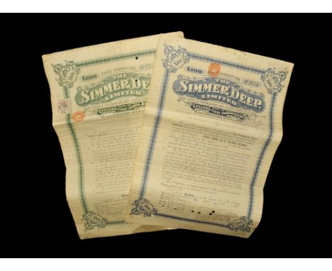 1907 and 1916 AD.A group of two share certificates issued by The Simmer Deep Limited comprising: 100 shares, certificate no.2