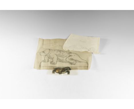 Circa 1930. A mixed group comprising: a pencil sketch on tracing paper of Pareiasaurus for a wooden model; a printed card Par