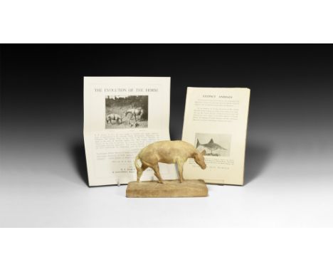 Circa 1930.   A surface-treated plaster master model of Mesohippus on a rectangular base with incised text Olioocene / Mesohi