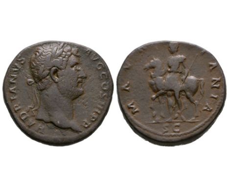 136 AD. Rome mint. Obv: HADRIANVS AVG COS III P P legend with laureate bust right. Rev: MAVRETANIA legend with Mauretania wea