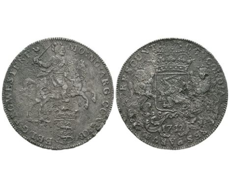 Dated 1742 AD. Obv: knight riding with arms below and MO NO ARG CONTŒ BELG PRO WESTFRI legend. Rev: crowned arms with support