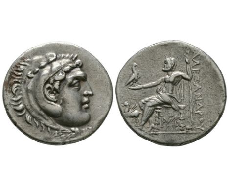 188-173 BC. Posthumous issue, Alabanda mint. Obv: head of Alexander as Herakles right, wearing lionskin headdress. Rev: ALEXA