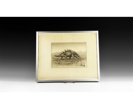 Dated 1929.   An inked and painted picture of a Polacanthus advancing across a desert terrain, in a glazed metal frame. 767 g