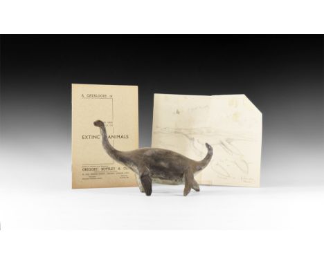 Circa 1930.A plaster model Plesiosaurus swimming with head raised and turned; preparatory sketch for the model with calculati