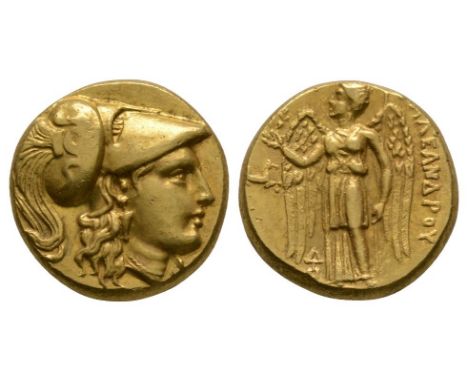325-323 BC. Lampsakos mint. Obv: head of Athena right, wearing crested helmet ornamented with serpent. Rev: ALEXANDROY legend