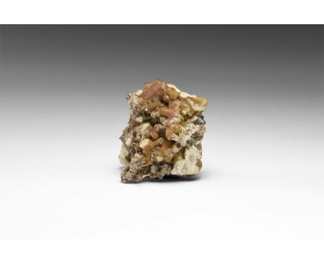 A specimen of the rare sulphate mineral sturmanite, comprising a number of pseudohexagonal crystals on matrix; in white card 