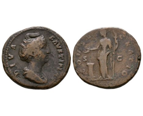 after 141 AD. Rome mint. Obv: DIVA FAVSTINA legend with draped bust right. Rev: CONSECRATIO legend around with S-C to fields 