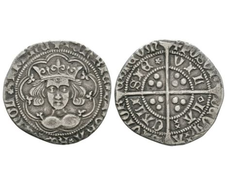 1427-1430 AD. Obv: facing bust within tressure with +HENRIC DI GRA REX ANGL Z FRANC legend with rosette stops. Rev: long cros