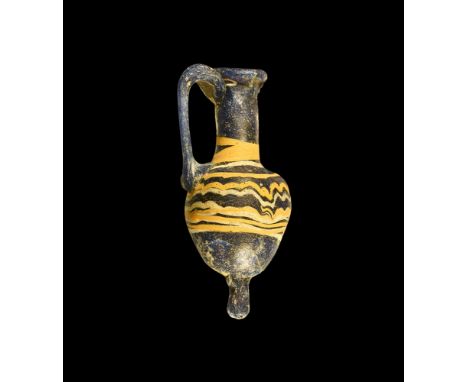 5th-3rd century BC.A blue glass miniature amphora with mammiform body, iridescent knop finial, tubular neck with rolled rim, 
