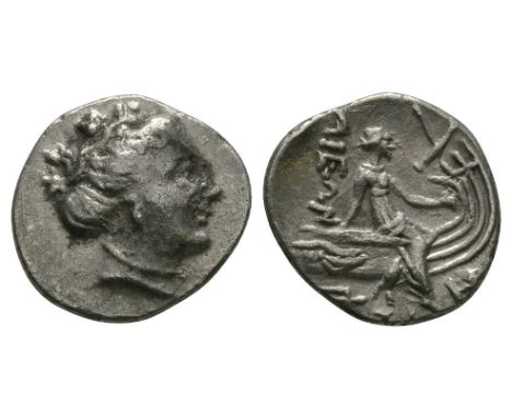 340-330 BC. Obv: head of nymph Histiaea right, hair in sphendone. Rev: ISTI-AIEWN legend to right and above the nymph Histiae