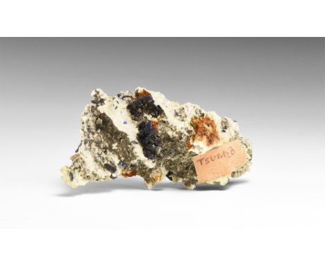 A matrix specimen of azurite from the famous Tsumeb, Namibia, locality, with bright and lustrous crystals; in white card tray