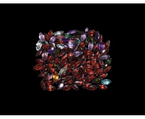 A group of one hundred marquise-cut garnets, citrine, crystal, amethyst and other gem stones. 13.64 grams total, 4-8mm (1/4")