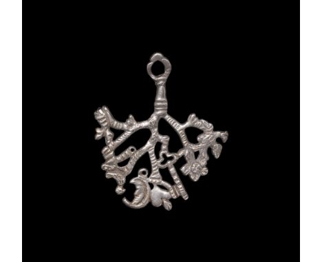 19th century AD.A silver amulet in the form of a sprig of rue with three branches further subdividing to two stalks on each; 