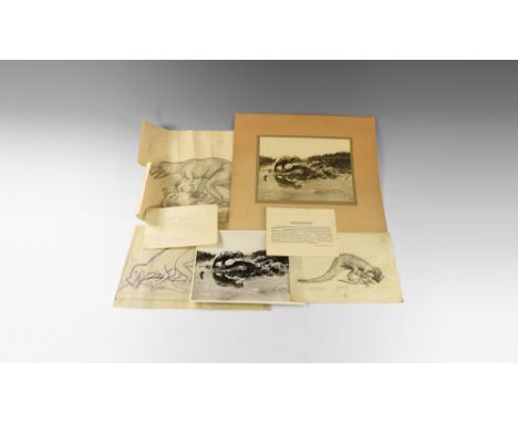 Circa 1930.   A mixed group comprising: a pencil sketch of a predator dinosaur eating its prey, marked 'Ceratosaurus' and 'gr