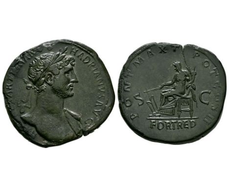 118 AD. Rome mint. Obv: IMP CAESAR TRAIANVS HADRIANVS AVG legend with laureate bust right. Rev: PONT MAX TR POT COS II legend