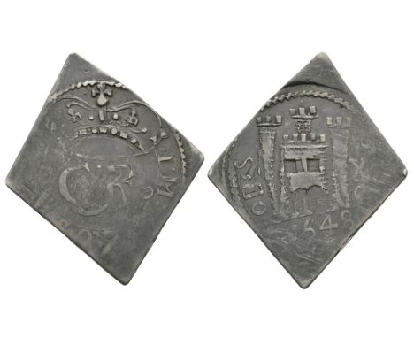 Dated 1648 AD. Lozenge flan. Obv: crown over CR with DVM [SPIR]O S[PERO] legend. Rev: castle gateway with flag over central t