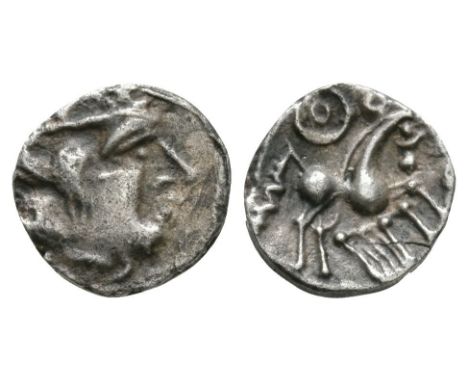 50 BC-25 AD. Obv: diademed head right with large curls for hair. Rev: horse right with zigzag tail with pellet-in-annulet abo
