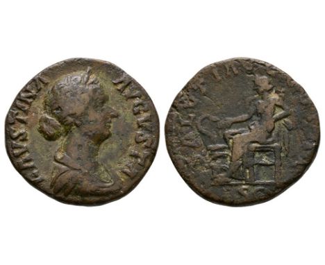 161-180 AD. Rome mint. Obv: FAVSTINA AVGVSTA legend with diademed and draped bust right. Rev: SALVTI AVGVSTAE legend with Sal