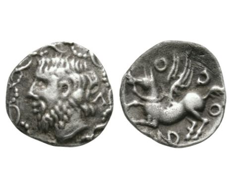 20-1 BC. Obv: bearded head left within interlaced border. Rev: Pegasus left with AND O C O around with ND ligated. S. 264; BM