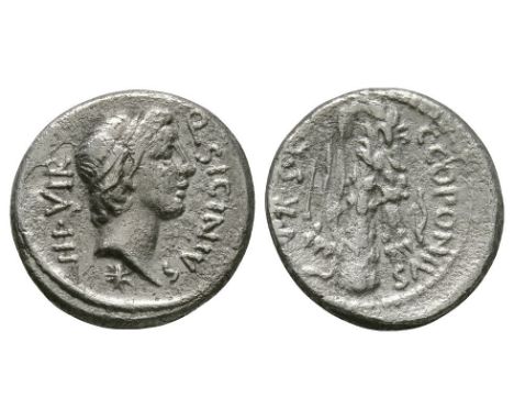 49 BC. Mint in the east moving with Pompey. Obv: Q SICINIVS III VIR legend with diademed head of Apollo right; star below. Re