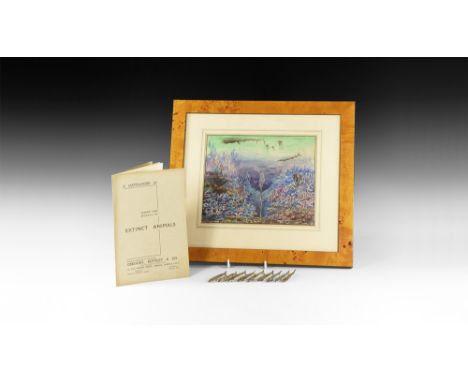 Circa 1930.  A group of nine surface-treated plaster fish models; a framed and glazed unsigned watercolour picture by Vernon 