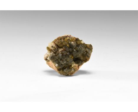 A group of siderite crystals on matrix, in white card tray with adhesive tape label reading: 'SIDERITE, UK' and '228A'. See B