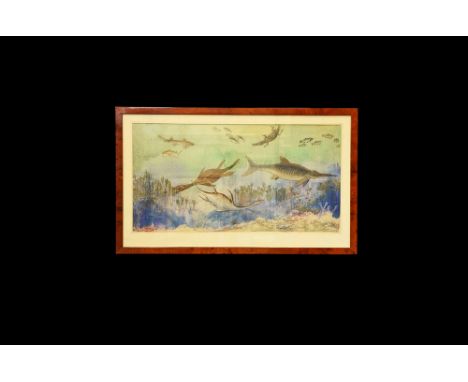 Circa 1930. A framed and glazed watercolour painting (unsigned) by Vernon Edwards depicting a Jurassic marine scene with fish