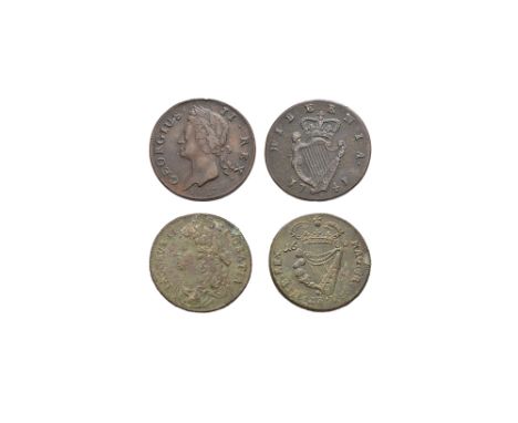 Dated 1686 and 1741 AD. James II. Obv: profile bust with IACOBVS II DEI GRATIA legend. Rev: crowned harp dividing date with M