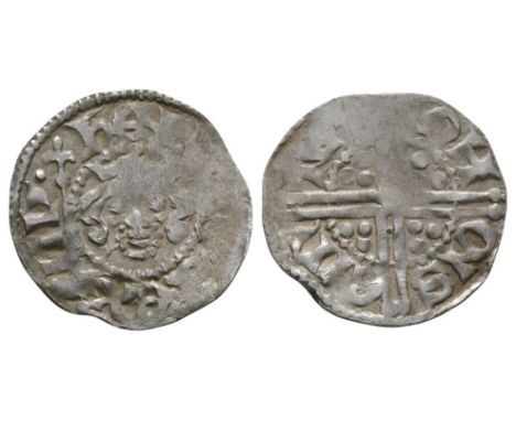 1272-1278 AD. Class 6. Obv: facing bust with realistic hair curls and HENRICVS REX III legend. Rev: long voided cross and pel