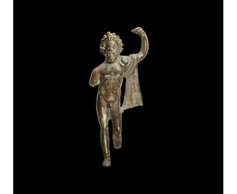 1st century BC-1st century AD.   A bronze figure of Jupiter (Zeus) standing nude with mantle to the left shoulder, wreath to 