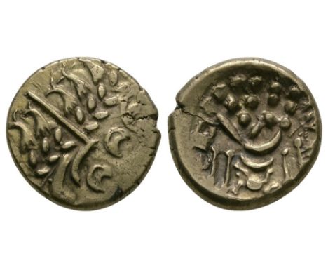 65-25 BC. British B. Obv: wreath, cloak and crescents. Rev: disjointed horse left with pellets above and 'crab' below. S. 22;