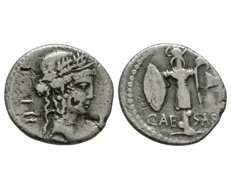 48-47 BC. Obv: diademed, oak wreathed and jewelled head of Clementia right with numeral LII behind. Rev: CAE - SAR legend in 