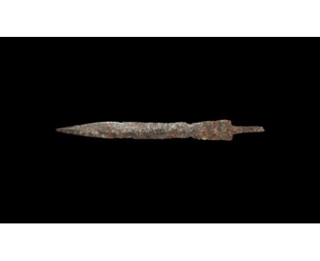 1st-2nd century AD.A narrow iron large dagger or short sword blade with slightly waisted profile, lentoid in section with nar