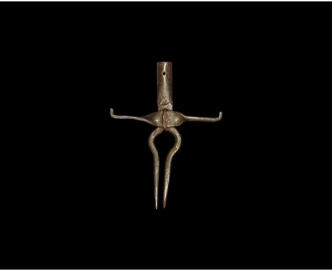 14th-15th century AD.An iron agricultural tool comprising a pair of parallel spikes attached to an open socket with transvers