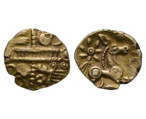 50BC-25 AD. Obv: wreath across corded line with hiden face in two angles, stylised cloak and hair in other angles. Rev: annul