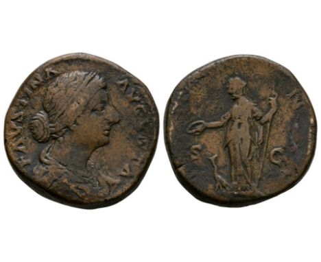 161-176 AD. Rome mint. Obv: FAVSTINA AVGVSTA legend with diademed, draped bust right. Rev: IVNO legend around with S-C across