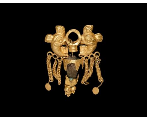 1st-2nd century AD.A hollow-formed gold pendant comprising a gussetted loop flanked by two fish, three ring below each with l