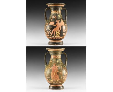 Mid 4th century BC.   A ceramic Apulian pelike vessel with two open handles, a narrow neck, a flanged mouth, and a sagging, a