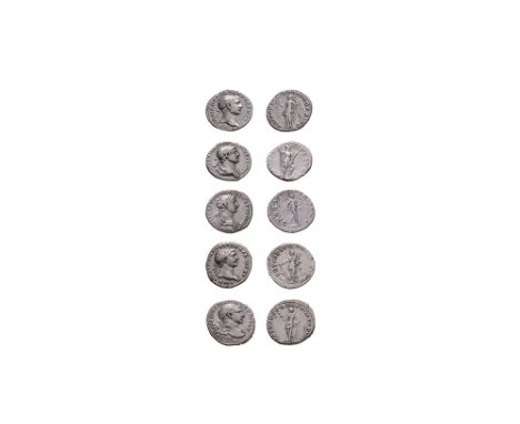 98-117 AD. Group comprising: Victory standing left, holding wreath and palm; Virtus holding spear and parazonium, foot on hel